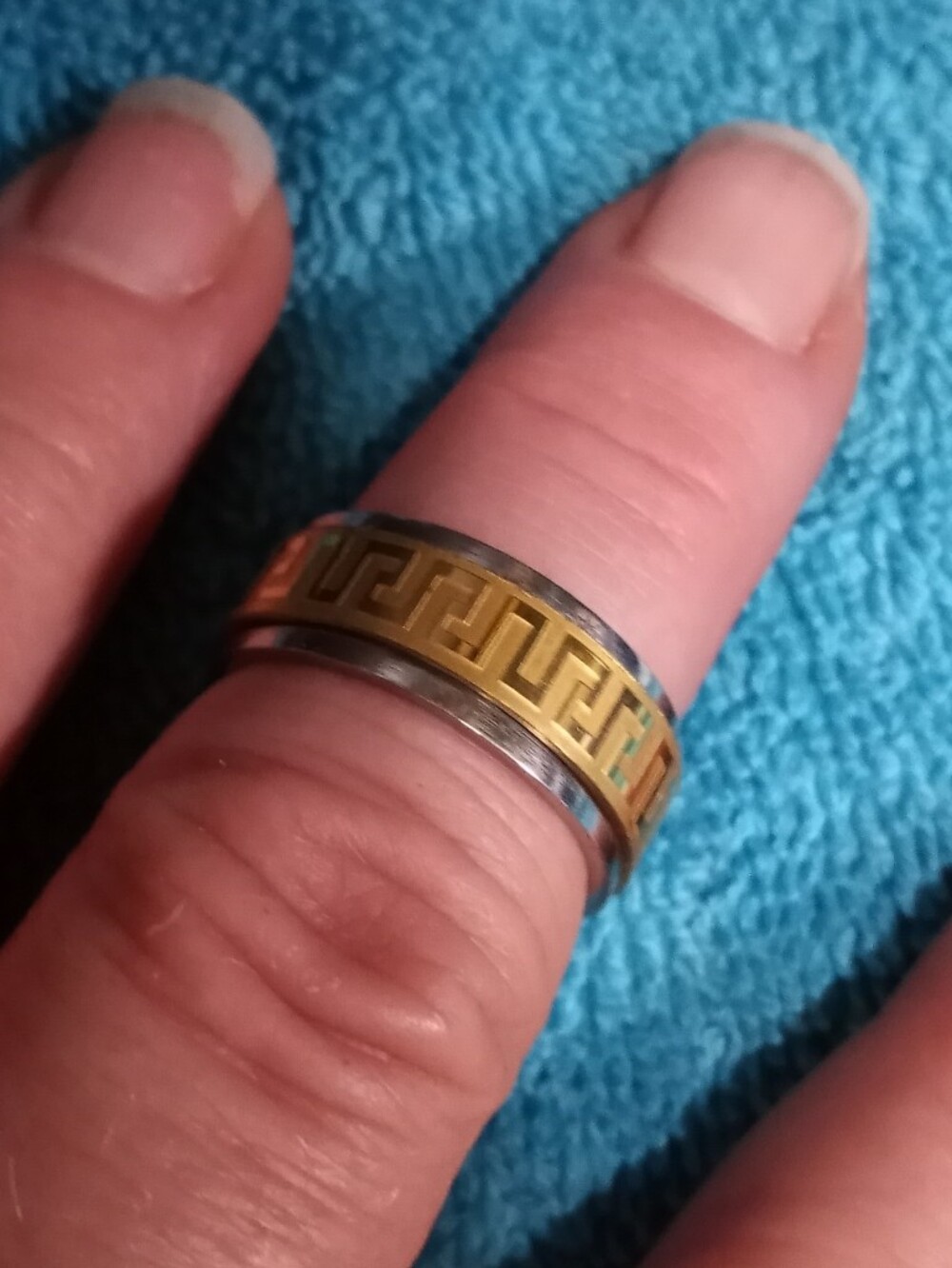 Greek Key Two-Tone Band Spinner Ring - Gold & Silver Stainless Steel